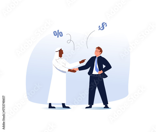 Successful Arab Businessman Working Set Traditional National Muslim Clothes Cartoon Characters Icon Stylish Background