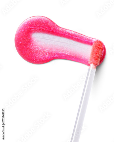 Photos Pink shimmering lip gloss texture with swiping applicator isolated on white background