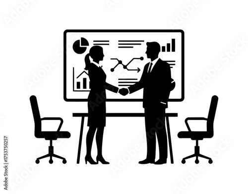 Office restart handshake vector art of business meeting with handshake, presentation on wall