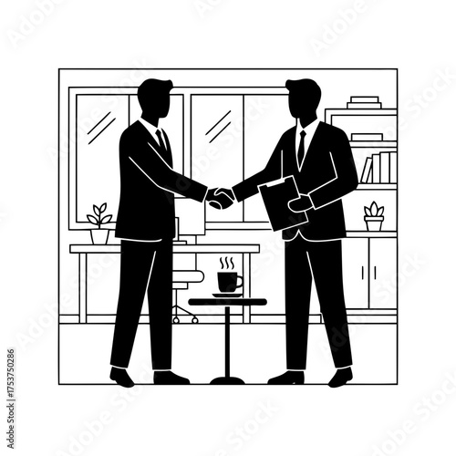 Office restart handshake vector art of businessmen shaking hands in office