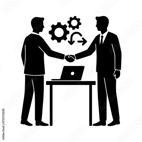 Office restart handshake vector art of businessmen shaking hands with gears