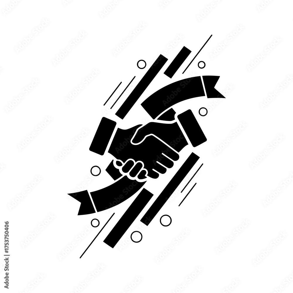 Fototapeta premium Office restart handshake vector art of handshake icon with ribbon in black and white