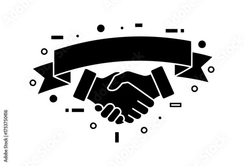 Office restart handshake vector art of handshake icon with banner in black and white