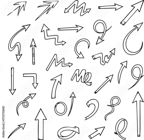 Collection of hand drawn arrow icons and symbols in black and white sketch style