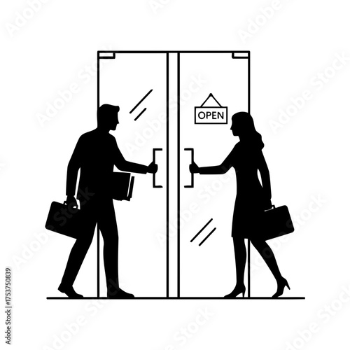 Office restart meeting vector art of business people entering office through glass door