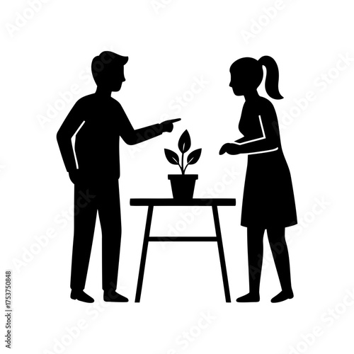 Office restart meeting vector art of man and woman discussing a plant on a table