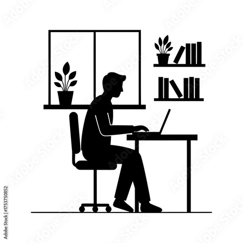 Office restart meeting vector art of man working on laptop at desk by window