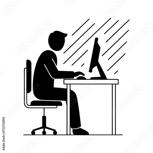 Office restart meeting vector art of man working on computer with rain outside