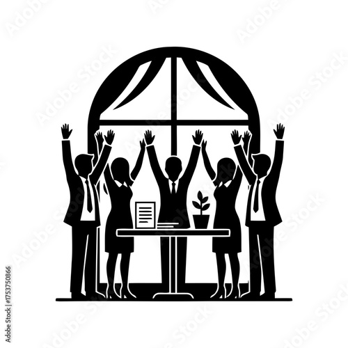 Office restart meeting vector art of business team celebrating success with window