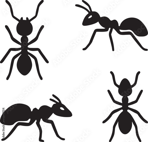 Four black ant silhouettes in different poses on white background icon vector