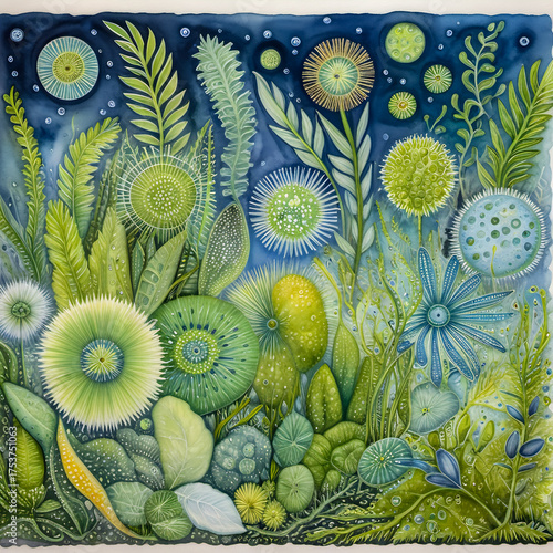 Abstract Watercolor Illustration of A lush microecosystem with euglena, diatoms, and dinoflagellates depicted as delicate plants and flowers in an imaginary undermicroscope world.