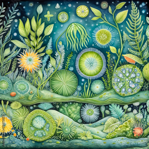 Abstract Watercolor Illustration of A lush microecosystem with euglena, diatoms, and dinoflagellates depicted as delicate plants and flowers in an imaginary undermicroscope world.
