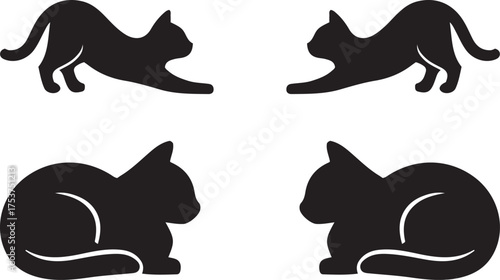 Four black cat silhouettes in stretching and resting poses on white animal