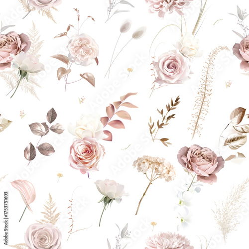Boho beige and blush trendy vector design seamless print. Pastel pampas grass, ivory hydrangea, pink roses, dusty pink lagurus, dried leaf. Wedding blush floral. Elements are isolated and editable