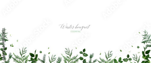 Emerald Christmas greenery, green spruce, fir, pine seasonal vector design banner. Woodland simple style. Winter chic wedding or new year party invitation card. All elements are isolated and editable