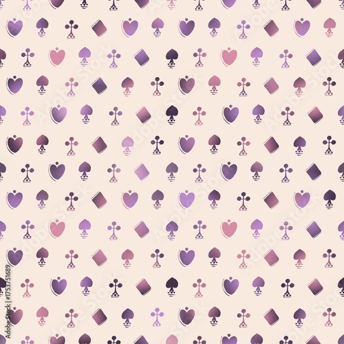 Soft seamless pattern of scattered hearts, spades, clubs, and diamonds in pastel purple gradients on a light beige backdrop, ideal for romantic, playful, or subtle gaming and decorative themes