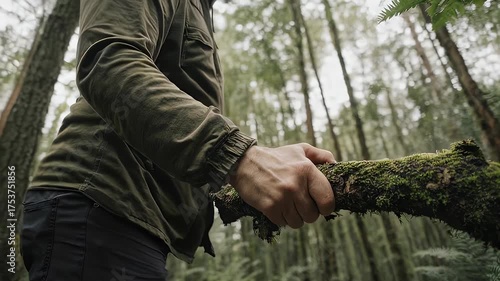 A person, clad in green, grips a moss-covered branch in a dense forest. Focus on hand. Blurred background