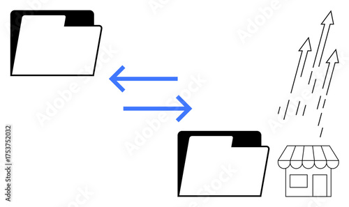 Black folders represent file exchange, blue arrows indicating flow, arrows symbolize sales growth. Ideal for data sharing, e-commerce, cloud, marketing, analytics, digital processes simple flat
