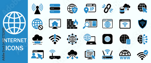 Internet and Network Icons Set. WiFi, Website, Cloud Storage, Cybersecurity, Data Connection, IP Address, Web Hosting, Firewall and more. vector style with white background