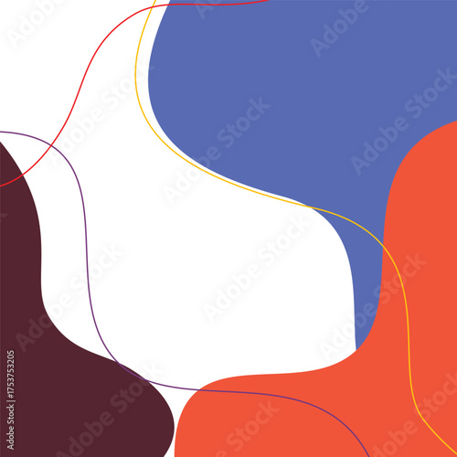 Artistic abstract background featuring a collage of contrasting organic shapes (blue, red, beige, brown) divided by delicate white lines. Suitable for modern art or elegant presentation