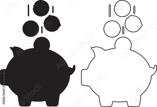 Piggy banks with coins falling into them represent savings and financial planning for the future with black and white color schemes