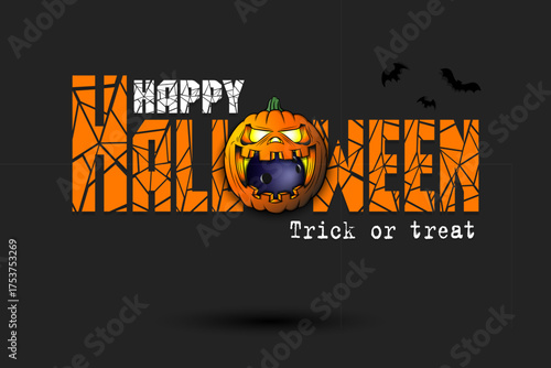 Happy Halloween. Trick or treat. Bowling ball inside frightening pumpkin. Pattern for banner, poster, greeting card, invitation. Vector illustration on an isolated background