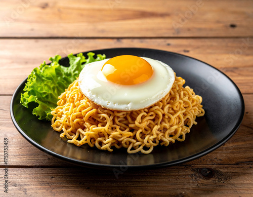 Golden Yolk Fried Egg Atop Curly Instant Noodles on a Rustic Wooden Table.