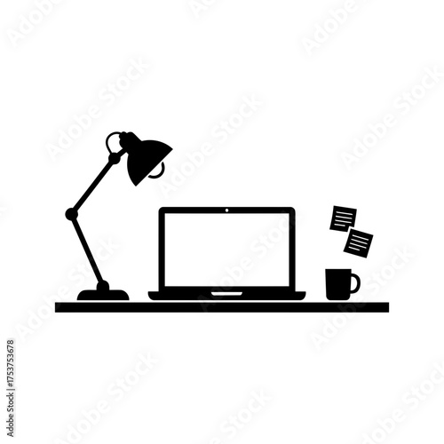 Office restart working desk vector art of workspace with laptop, lamp, coffee cup and photos