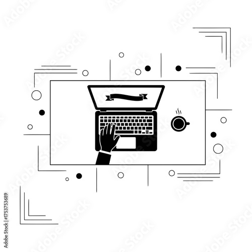 Office restart working desk vector art of top view of workspace with laptop, coffee cup