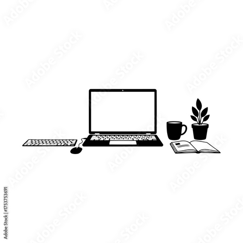 Office restart working desk vector art of workspace with laptop, keyboard, plant and coffee cup