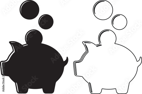 Black and white piggy banks with coins falling represent savings and financial planning for the future with simple line art design