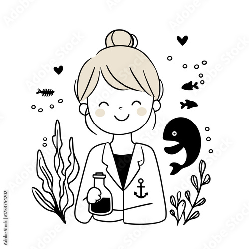 Marine Biologist. Marine Biologist simple black and white line art vector logo