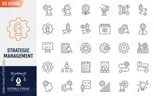 Strategic Management line Editable Icons set.  Containing icons: business strategy, organization, decision, and more. Vector illustrations