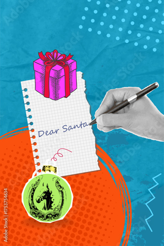 A trendy halftone collage featuring a hand writing a letter to Santa, a gift box, and a torn sheet of checkered paper. Concept for a holiday or fun party.