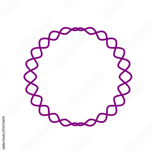 Modern twisted mandala frame, dynamic purple symmetrical wave border with interlocking geometric lines, abstract minimalist circle for branding, decor, web graphics, invitations, accents, and tattoo