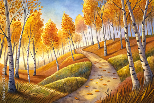 autumn hillside, fallen leaves, birch trees, winding trail, soft sunlight, earthy nature, motivational poster, seasonal art