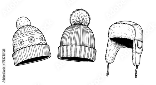 Line art Collection of winter hats