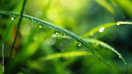 Close up of dew drops on green grass blade in soft focus background