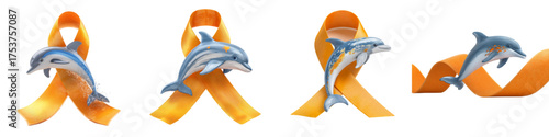 Raise Awareness for Pediatric Cancer with this Symbolic Gold Ribbon and Playful Dolphin, Perfect for Campaigns, Charities, and Healthcare Communications