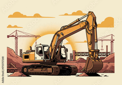 Construction Excavator at Sunset