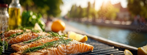 A barbecue setup by the lake showcases fresh fish expertly grilling over an open flame as the sun sets, creating a perfect atmosphere for outdoor dining and relaxation