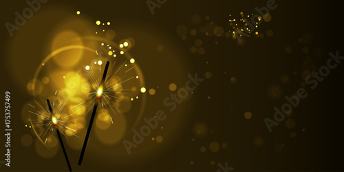 Golden Christmas Sparklers with Bright Bokeh Lights on Dark Background, Festive New Year Celebration Frame Template, Holiday cards, party invitations, and web greetings. Vector illustration