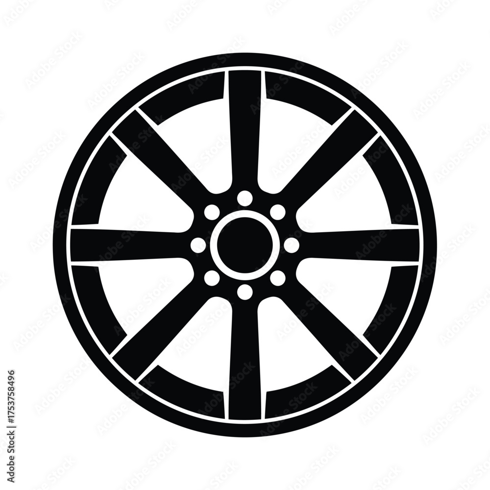 Obraz premium Sleek Black Car Wheel Rim Design with Eight Spokes and Circular Center Hub
