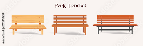 A collection of wooden park benches. Vector illustrations of outdoor furniture for park, garden, or street design.
