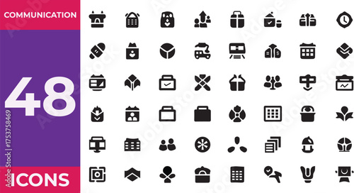 Collection of 48 communication and business icons in a grid format for digital design