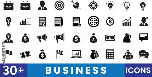 Collection of black and white business icons representing various concepts and services