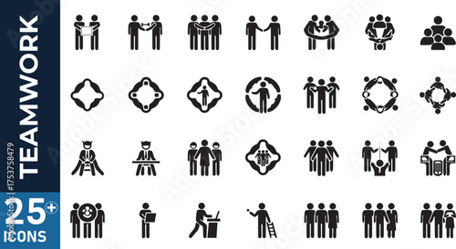 Collection of teamwork and collaboration icons representing business partnership and group efforts