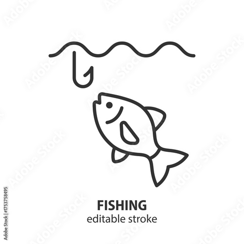 Fishing with a rod line icon. Fish symbol. Editable stroke. Vector illustration.