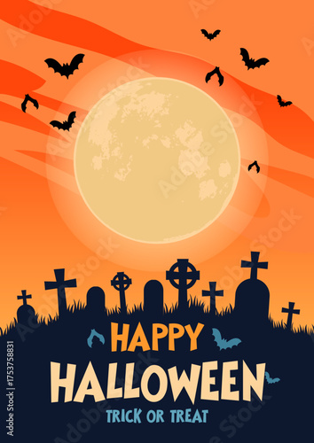Happy Halloween Poster with Full Moon, Bats, and Graveyard Silhouette