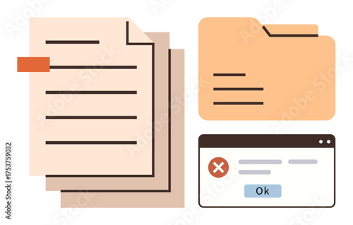 Stacked documents, a labeled folder, and an error pop-up message convey data organization and warning. Ideal for file sharing, data errors, organization, management software, workflow, data loss